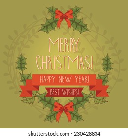 christmas greeting card, vector illustration, traditional christmas holly wreath