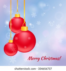 Christmas greeting card. Vector illustration with red balls on light background with snowflakes.