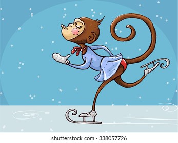 Christmas greeting card. Vector illustration of girl-marmoset skating on the rink in the winter. The monkey is a symbol of the new year. 