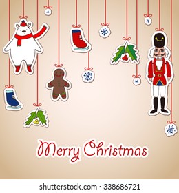 Christmas greeting card, vector illustration. Hand drawn bear, cookie, holy, snowflakes skates and nutcracker.