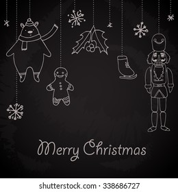 Christmas greeting card, vector illustration. Hand drawn bear, cookie, holy, snowflakes skates and nutcracker. Chalk art on blackboard