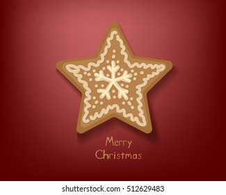 Christmas greeting card, vector illustration. Gingerbread star with decorations background. Minimalistic paper cut style.