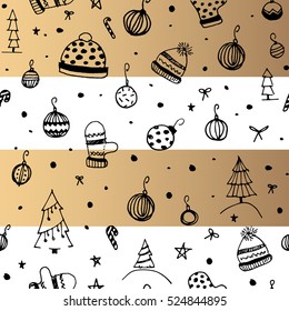 Christmas greeting card. Vector illustration with black line hand drawn elements.