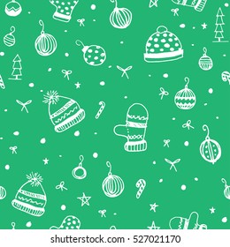 Christmas greeting card. Vector illustration. Winter theme seamless doodle pattern on the background
