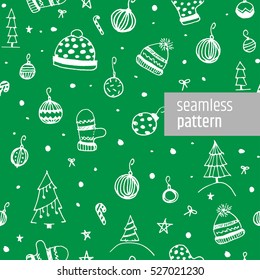 Christmas greeting card. Vector illustration. Winter theme seamless doodle pattern on the background