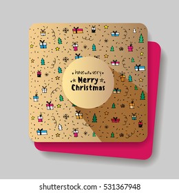 Christmas greeting card. Vector illustration. Winter theme doodle pattern on the gold background with a black ink "have a very merry Christmas" lettering.