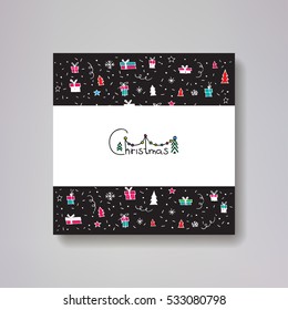 Christmas greeting card. Vector illustration. Winter theme hand drawn pattern on the black background.