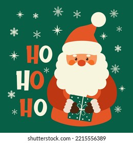 Christmas Greeting Card. Vector illustrations of a cheerful Santa Claus with gift. Vector design template. Christmas and Happy New Year background with Santa.