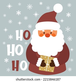 Christmas Greeting Card. Vector illustrations of a cheerful Santa Claus with gift. Vector design template.