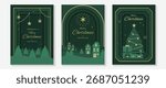 Christmas greeting card vector with pine tree, golden star, winter village and festive holiday decoration illustration