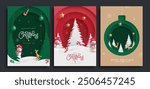 Christmas greeting card vector poster set. Christmas tree, snowman, deer and hanging xmas elements in paper cut template backdrop collection. Vector illustration seasonal poster design. 
