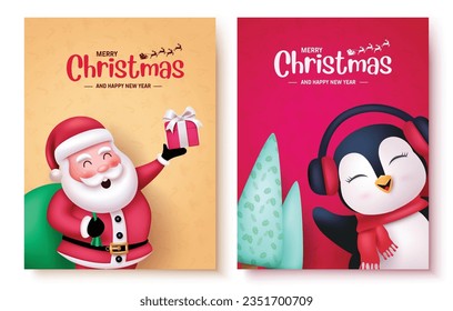 Christmas greeting card vector poster set design. Merry christmas and happy new year text with santa claus and penguin characters in postcard lay out. Vector illustration holiday season tags 