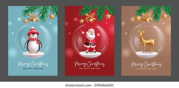 Christmas greeting card vector poster design. Merry christmas and happy new year gift tags ang card collection with santa claus, penguin and deer in glass balls hanging elements. Vector illustration 