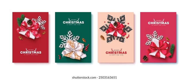 Christmas greeting card vector poster set design. Merry christmas greeting text with gift boxes and glitter snowflakes elements for gift tags colorful lay out poster. Vector illustration xmas card 