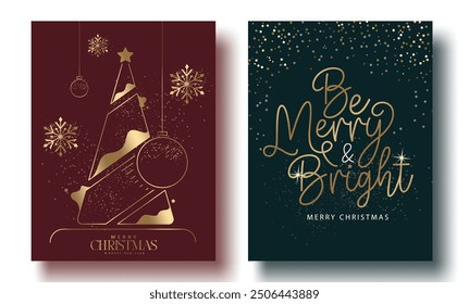 Christmas greeting card vector poster set design. Merry christmas greeting text with glitter xmas tree shape pattern and elegant shining typography gift tags collection. Vector illustration holiday 