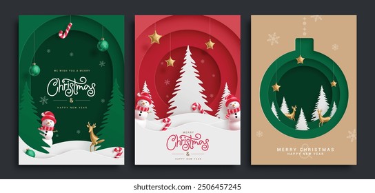 Christmas greeting card vector poster set. Christmas tree, snowman, deer and hanging xmas elements in paper cut template backdrop collection. Vector illustration seasonal poster design. 
