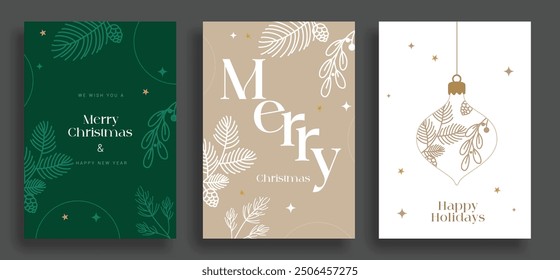 Christmas greeting card vector poster set design. Merry christmas and happy holidays greetings text with doodle leaf and sketch leaves gift tags collection design. Vector illustration seasonal cards 