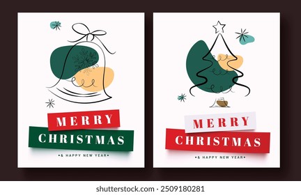 Diseño de conjunto de póster de Vector de tarjeta de felicitación Navidades. Texto de felicitación de feliz Navidad en fondo blanco abstracto con campana, Elementos de árbol de Navidad en estilo dibujado a mano, doodle y boceto. Ilustración vectorial 