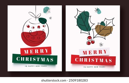 Diseño de conjunto de póster de Vector de tarjeta de felicitación Navidades. Texto de felicitación de feliz Navidad con doodle y Elementos de dibujo como colgar la bola de Navidad y la baya de acebo para la celebración de año nuevo. Ilustración vectorial 