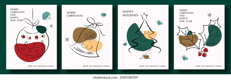 Christmas greeting card vector poster set design. Merry christmas greeting text with doodle and sketch style hanging ball, bell, pine tree, holly berry elements in abstract white background. Vector