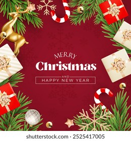 Christmas greeting card vector poster set. Gold and red glitter Christmas corner decoration.Merry Christmas hand written. Christmas pine leaves, snowflake with gold foil.