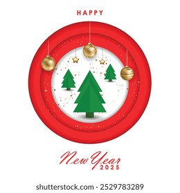 Christmas greeting card vector poster set. Christmas tree, snowman, deer and hanging xmas elements in paper cut template backdrop collection. Vector illustration seasonal poster design.