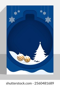 Christmas greeting card vector poster background set. Christmas tree, balls xmas elements in paper cut template backdrop collection.