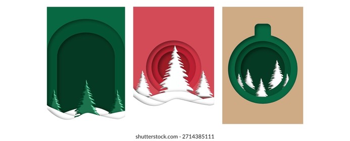 Cartaz de vetor de cartão de saudação de Natal definido. Árvore de Natal, boneco de neve, veado e pendurar elementos de Natal na coleção de pano de fundo de modelo de corte de papel. Ilustração vetorial design de cartaz sazonal.