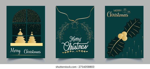Weihnachtsgrußkarte. Weihnachtskarten-Vektorposter-Set. Frohe Weihnachten, goldene Einladungskarte und neue Jahr wünscht Kartenvorlage ClipArt mit Glitter, Baum, Stern. Moderne Weihnachtsvorlage.