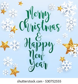Christmas Greeting Card. Vector realistic volumetric background with golden glitter star. 