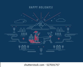 Christmas greeting card vector. Santa with presents outline

