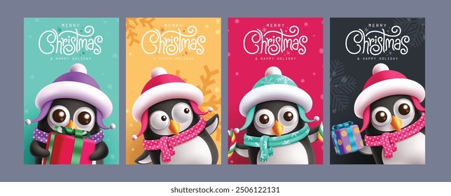 Weihnachtsgrußkarte, Vektorset-Design. Fröhliche Weihnachten Grußtext mit niedlichen freundlichen Lächeln Pinguin Charakter winken und halten Geschenkbox auf buntem Hintergrund. Vektorgrafik-Urlaub 