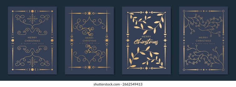 Conjunto de Vector de tarjeta de felicitación de Navidades. Feliz año nuevo cartel de Plantilla con follaje de línea de oro y marco art deco sobre fondo azul marino. Diseño para vacaciones de temporada, cubierta, feliz año Nuevo.