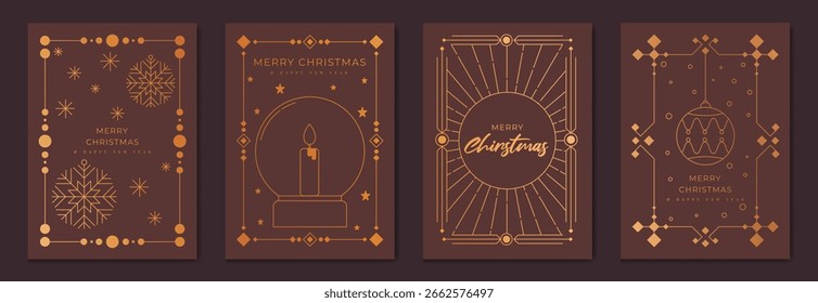 Conjunto de Vector de tarjeta de felicitación de Navidades. Feliz año nuevo cartel de Plantilla con copo de nieve de línea de oro, chuchería, vela, marco art deco sobre fondo marrón. Diseño para vacaciones de temporada, cubierta, feliz año Nuevo.