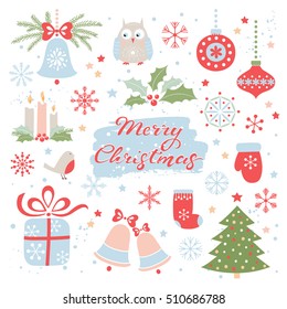 Christmas greeting card. Vector set of Christmas elements. Hand drawn lettering.