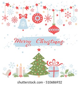 Christmas greeting card. Vector set of Christmas elements. Hand drawn lettering.