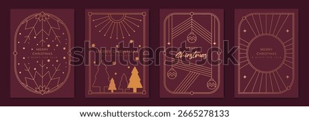 Christmas greeting card vector set. Happy new year poster template with gold line christmas tree, leaves, art deco frame on red background. Design for season holidays, cover, Happy New Year.