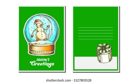 Christmas Greeting Card Vector. Snow Globe. Seasons. Winter Wishes. Holiday Concept. Hand Drawn In Vintage Style Illustration