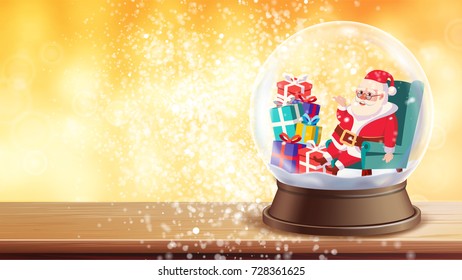 Christmas Greeting Card Vector. Snow Globe, Santa Claus, Gifts. Winter Xmas Design Element. New Year Design Template Illustration