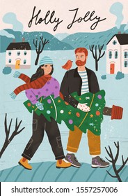 Christmas greeting card vector template. Festive new year poster, xmas postcard design with holly jolly inscription. Holiday celebration preparation. Happy couple carrying decorated fir tree.