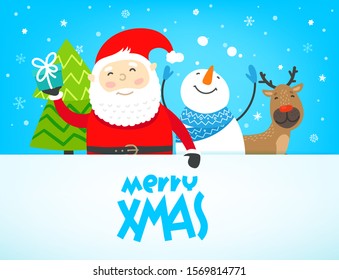 Christmas greeting card vector template with cartoon Santa claus