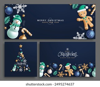 Christmas greeting card vector template design. Merry christmas and happy new year invitation card collection with snow man, ginger bread and xmas elements decoration in elegant blue background. 