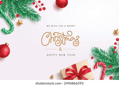 Christmas greeting card vector template design. Merry christmas and happy new year greeting text with spruce leaves, candy cane and holly berry ornaments in elegant background. Vector illustration 