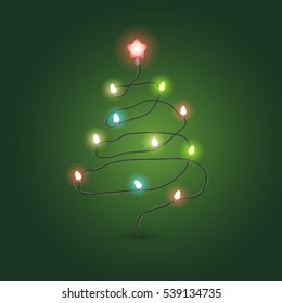 Christmas Greeting card vector template. Abstract christmas tree with lightbulbs