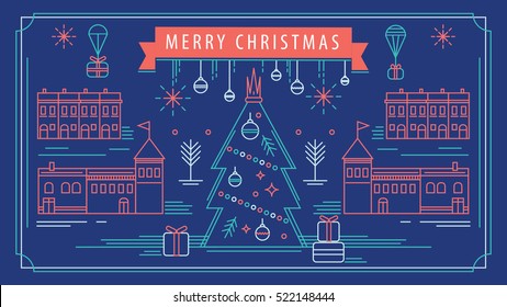 Christmas greeting card vector. Christmas tree and presents outline