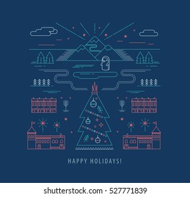 Christmas greeting card vector. Christmas tree in winter landscape. Outline
