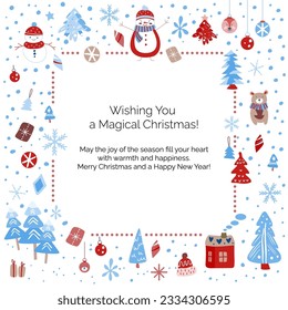 Christmas greeting card with vector winter elements. Flat style. Snowman, bear, christmas trees, snowflakes, gifts. Happy New Year celebration. Can be used as a background for Merry Xmas invitation. 
