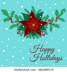 Christmas greeting card with vibrant poinsettia flower, holly branches and berries 
