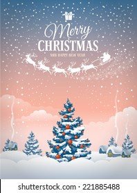 Christmas greeting card with the village landscape and snowfall. Detailed vector picture. 