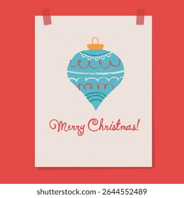 Christmas greeting card with vintage blue ornament and Merry Christmas text, retro holiday postcard, flat vector illustration, festive winter design, red background, white card, simple decoration